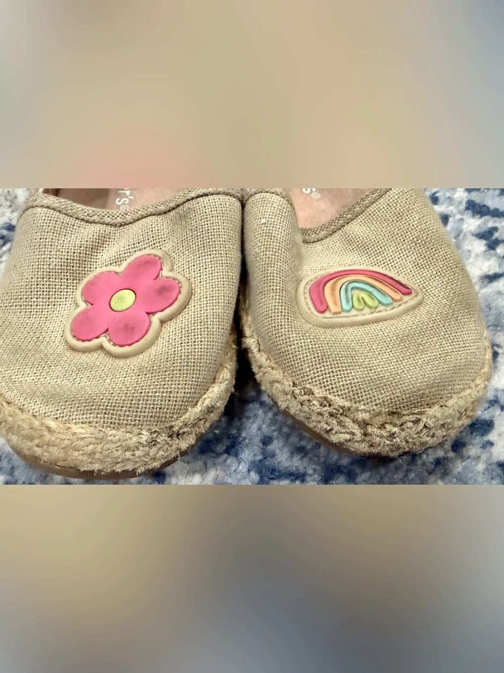 Carter's Beige Canvas Slip-On Shoes with Pink Flower & Rainbow Accent